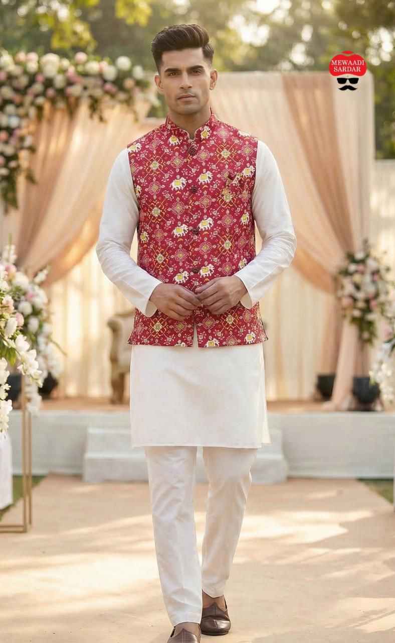 Red Pure Soft Malai Satin 3 Pcs Kurta Pajama with Koti Jacket Set