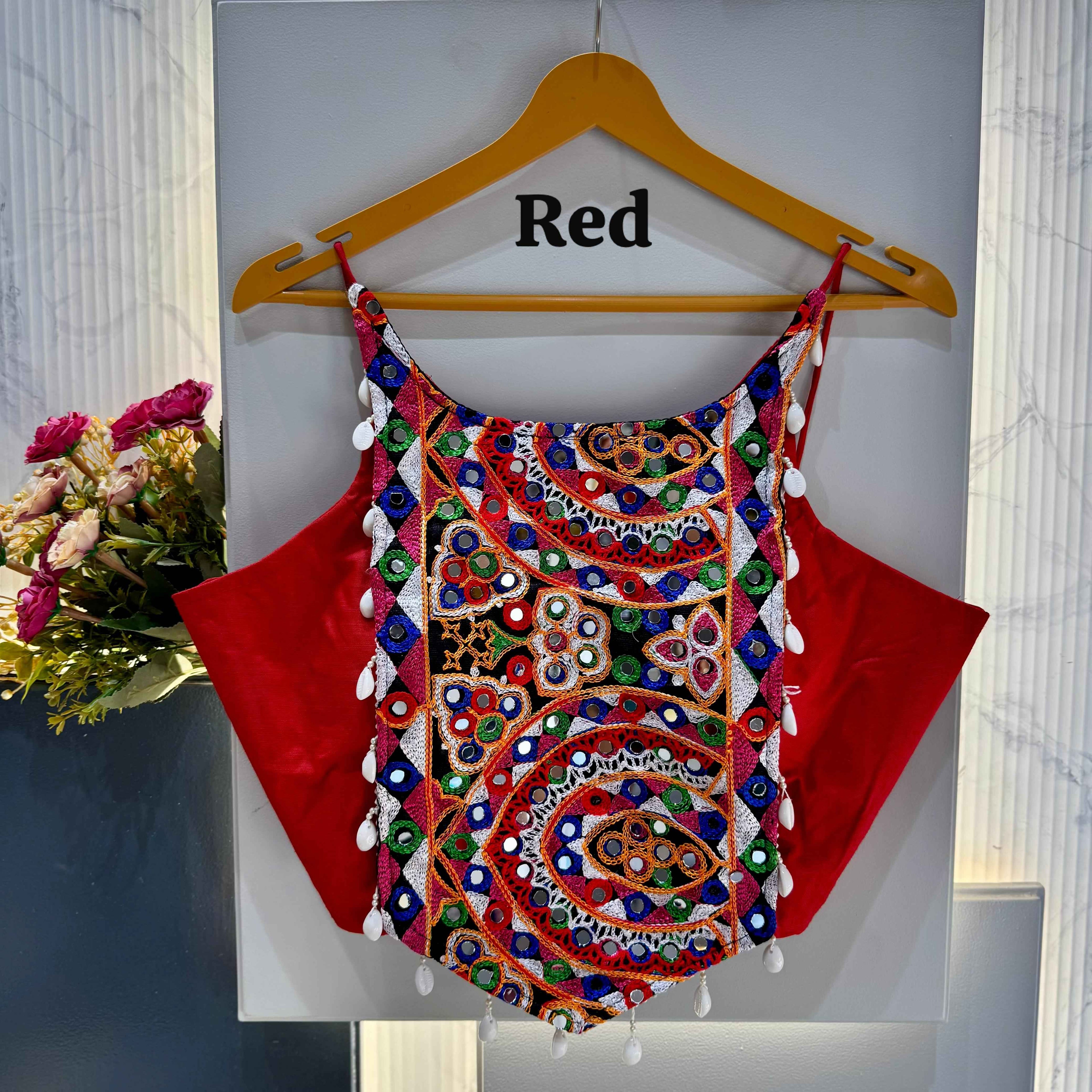 Red Pure Soft Cotton Thread with Kaudi Hand Mirror Work Navratri Blouse