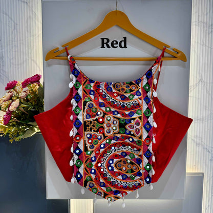 Red Pure Soft Cotton Thread with Kaudi Hand Mirror Work Navratri Blouse