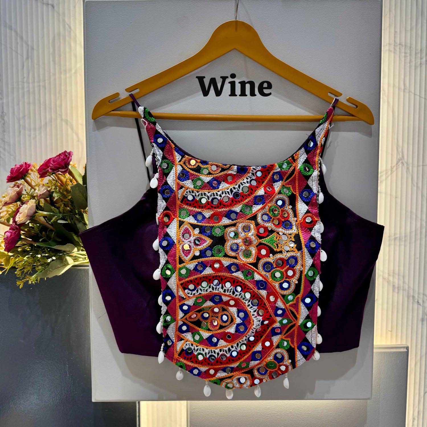 Wine Pure Soft Cotton Thread with Kaudi Hand Mirror Work Navratri Blouse