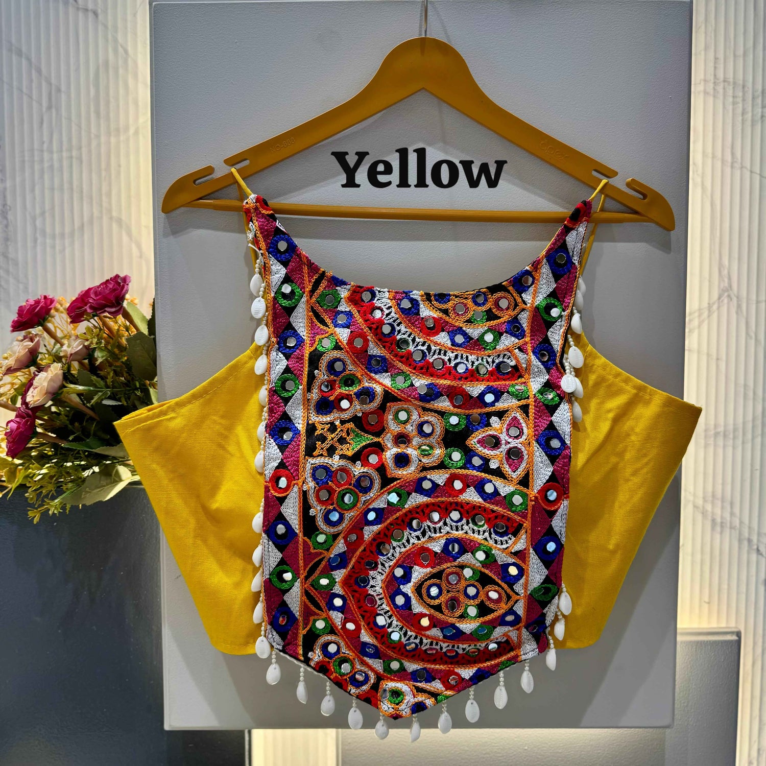 Yellow Pure Soft Cotton Thread with Kaudi Hand Mirror Work Navratri Blouse