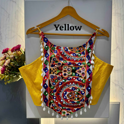 Yellow Pure Soft Cotton Thread with Kaudi Hand Mirror Work Navratri Blouse