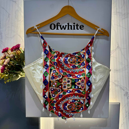 Off White Pure Soft Cotton Thread with Kaudi Hand Mirror Work Navratri Blouse