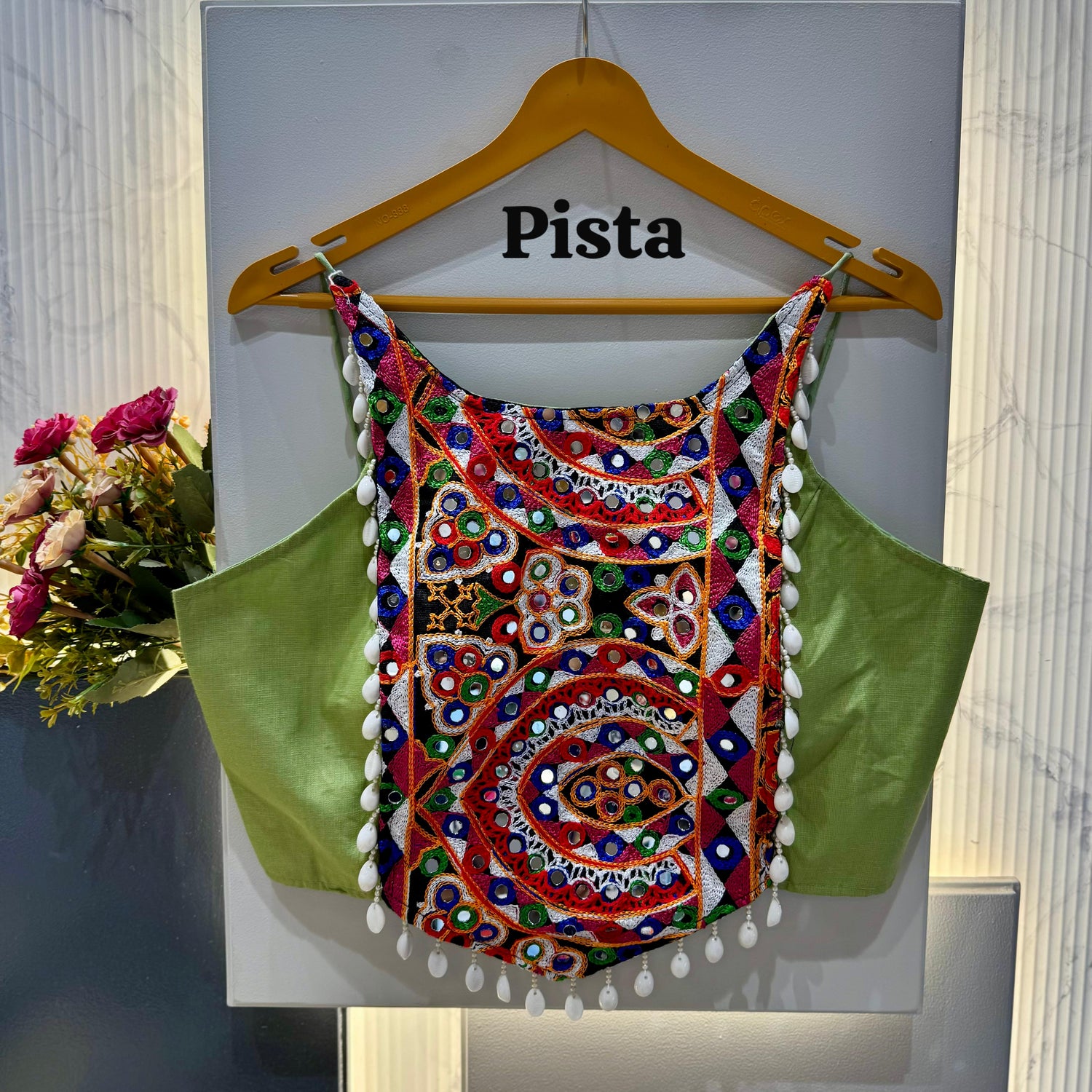 Pista Pure Soft Cotton Thread with Kaudi Hand Mirror Work Navratri Blouse