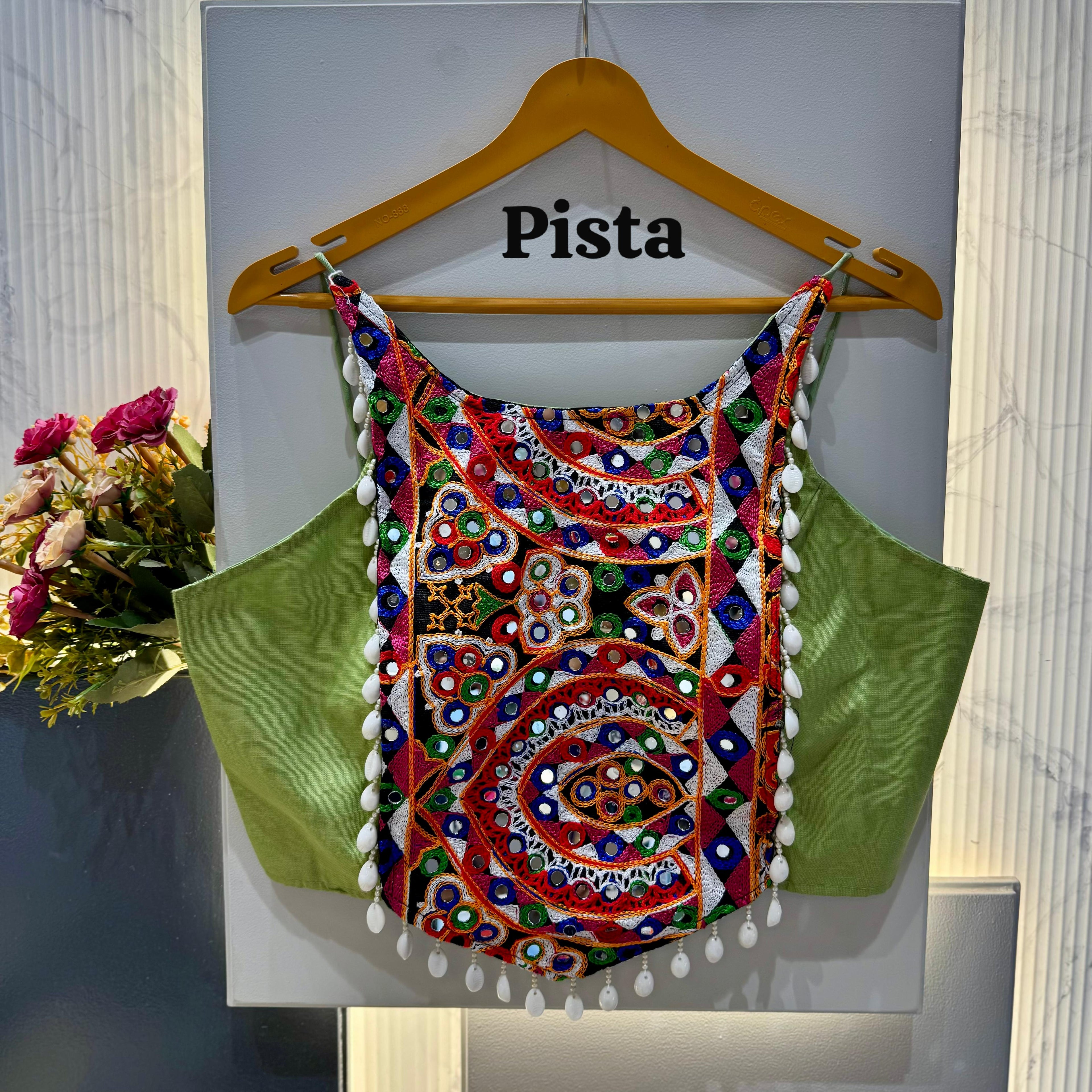 Pista Pure Soft Cotton Thread with Kaudi Hand Mirror Work Navratri Blouse