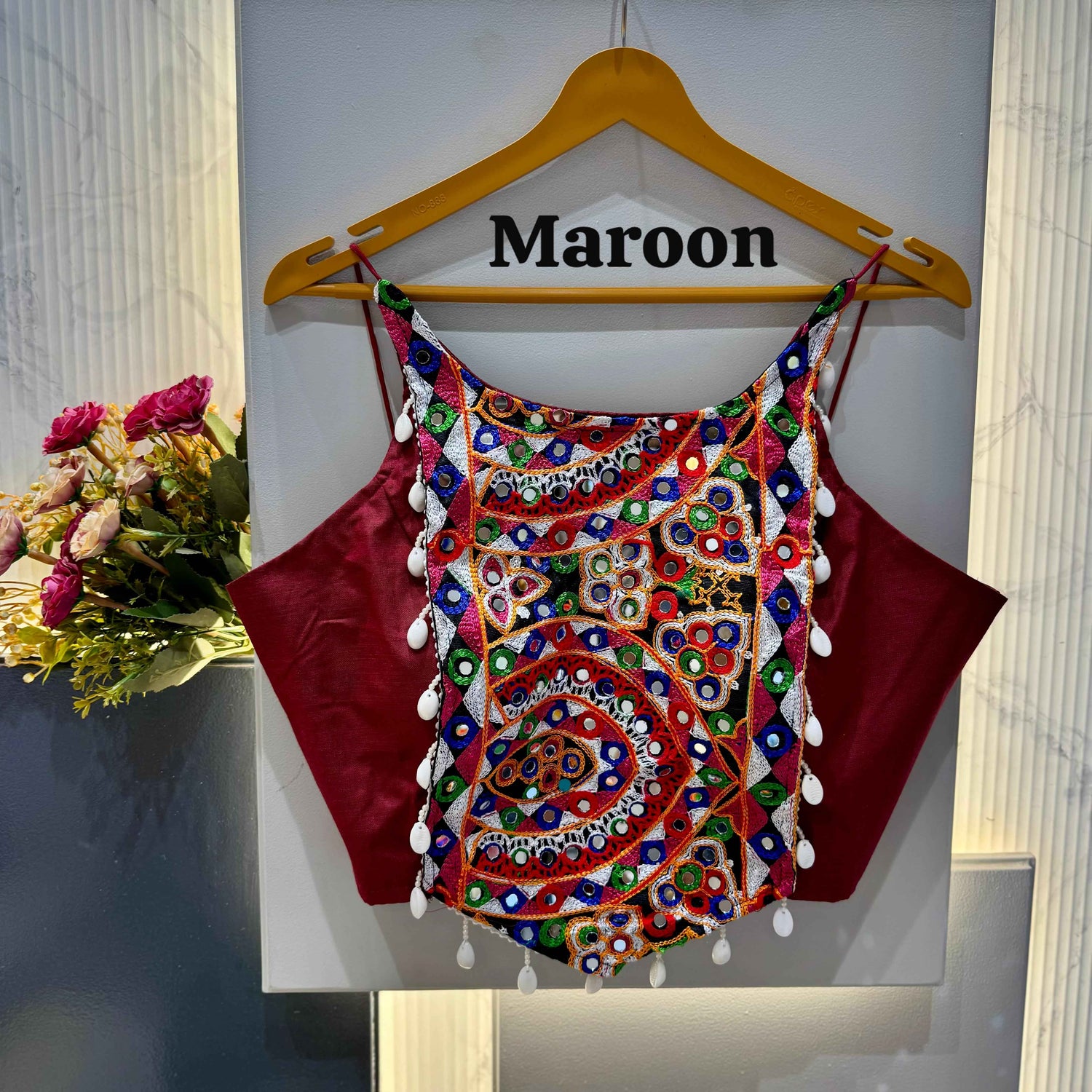 Maroon Pure Soft Cotton Thread with Kaudi Hand Mirror Work Navratri Blouse