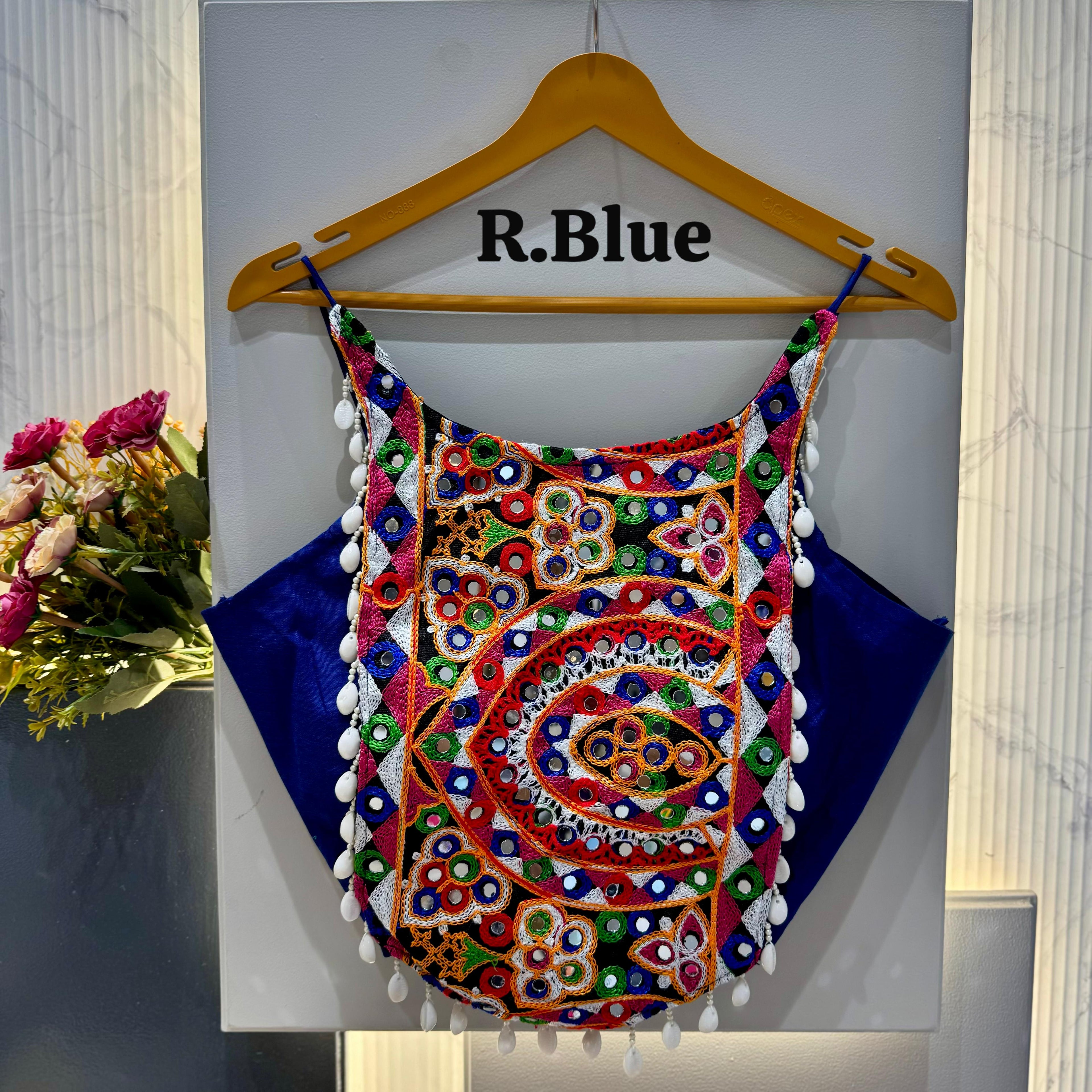 Royal Blue Pure Soft Cotton Thread with Kaudi Hand Mirror Work Navratri Blouse