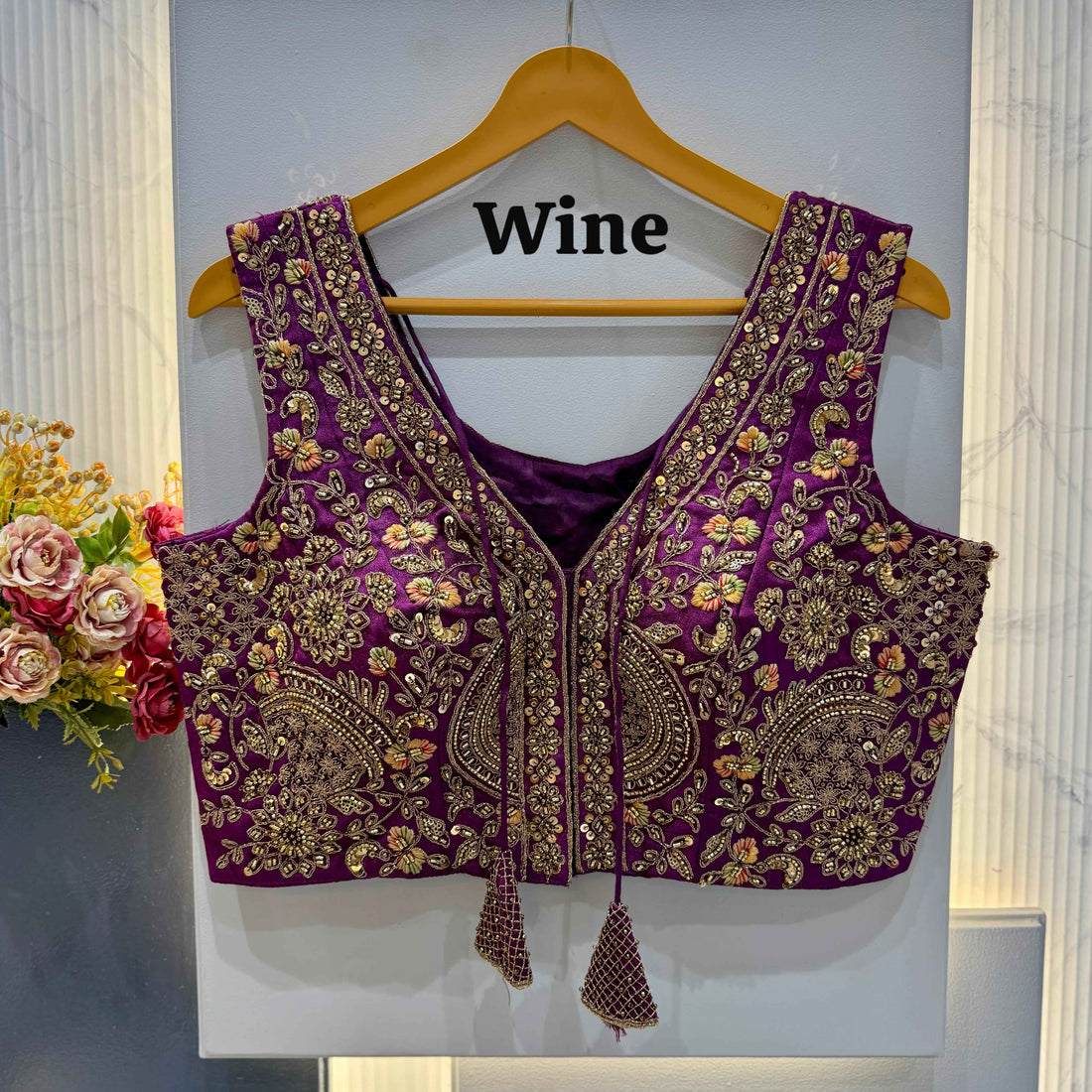 Wine Pure Soft Italian Silk Heavy Codding Sequins Work Bridal Blouse