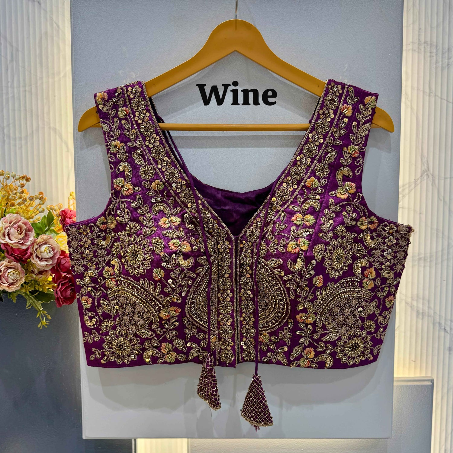 Wine Pure Soft Italian Silk Heavy Codding Sequins Work Bridal Blouse
