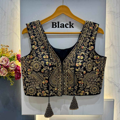Black Pure Soft Italian Silk Heavy Codding Sequins Work Bridal Blouse