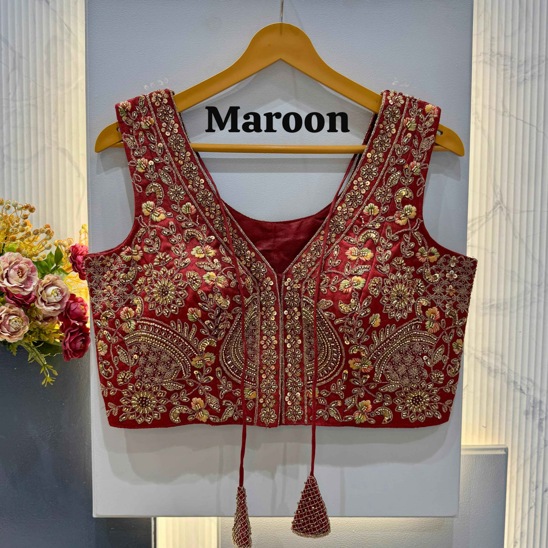 Maroon Pure Soft Italian Silk Heavy Codding Sequins Work Bridal Blouse