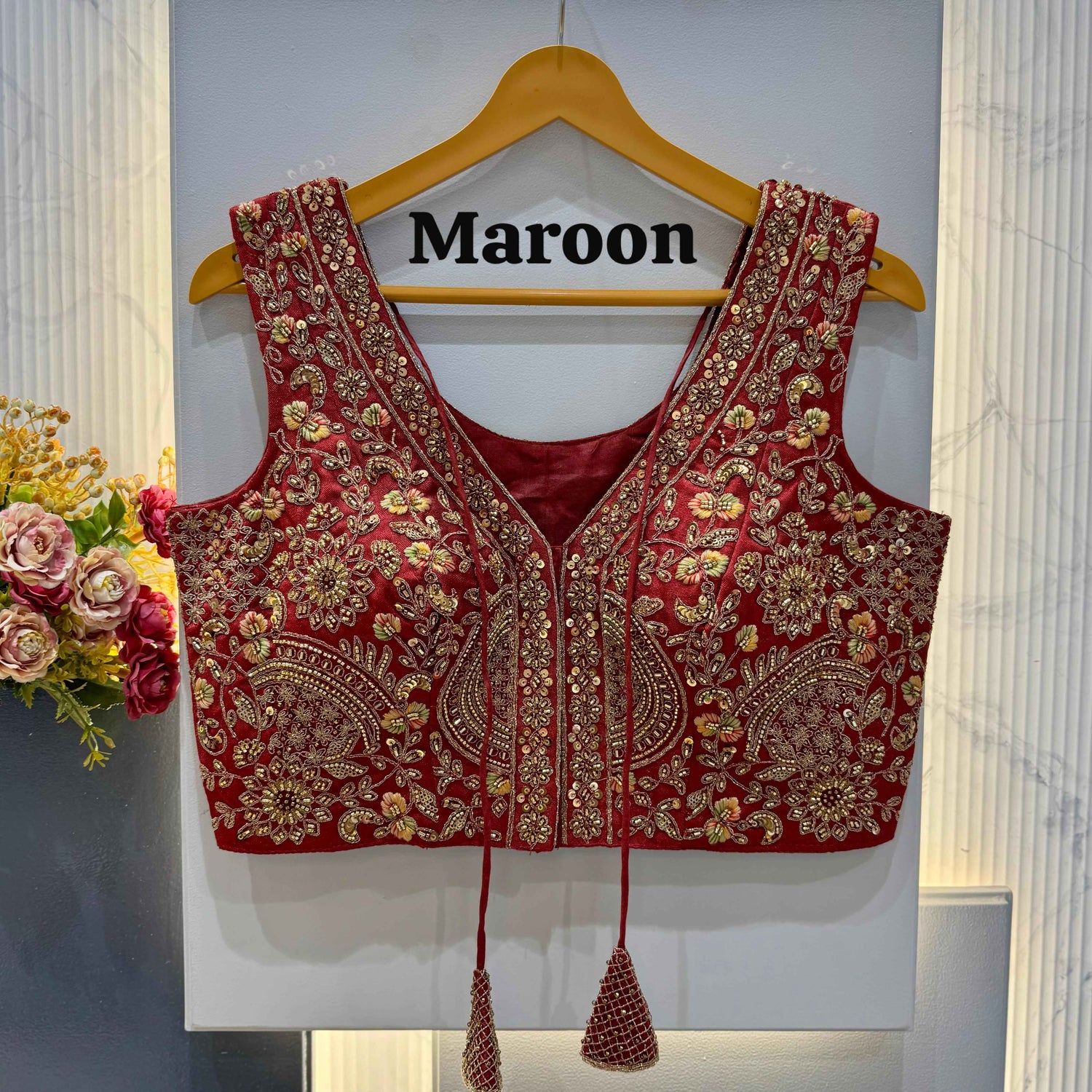 Maroon Pure Soft Italian Silk Heavy Codding Sequins Work Bridal Blouse
