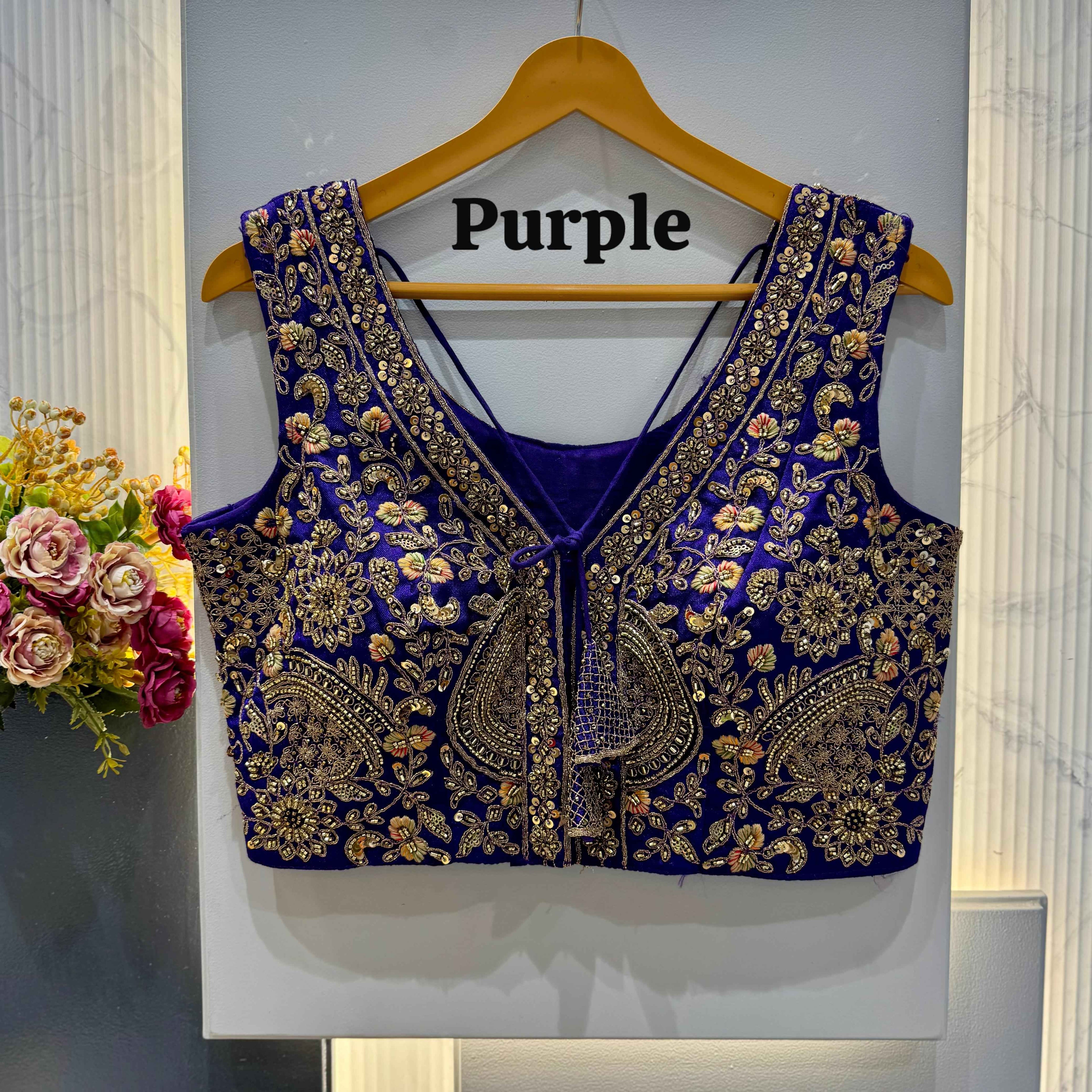 Purple Pure Soft Italian Silk Heavy Codding Sequins Work Bridal Blouse