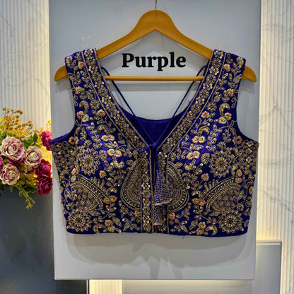 Purple Pure Soft Italian Silk Heavy Codding Sequins Work Bridal Blouse