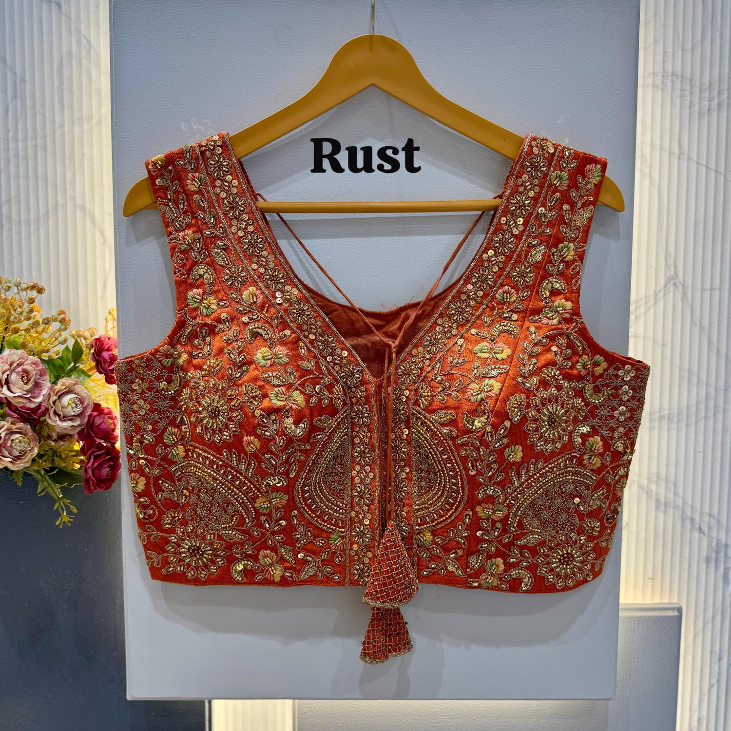 Rust Pure Soft Italian Silk Heavy Codding Sequins Work Bridal Blouse
