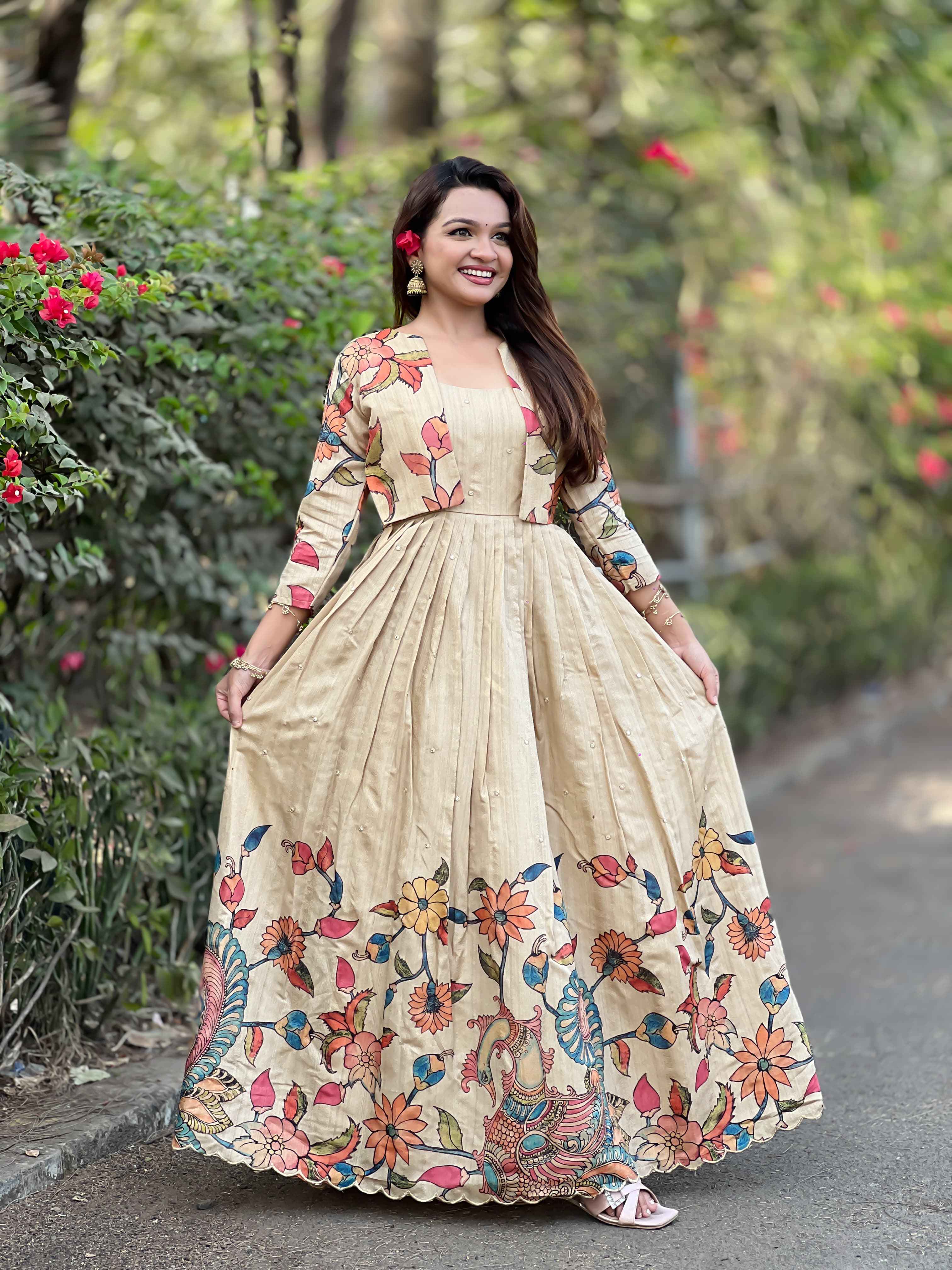 Cream Pure Soft Silk Blend Kalamkari Print Anarkali Gown