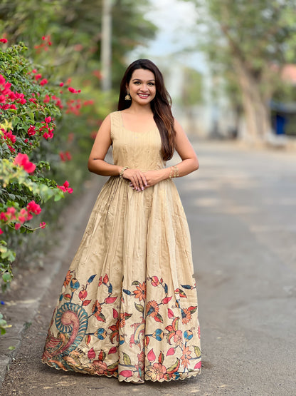 Cream Pure Soft Silk Blend Kalamkari Print Anarkali Gown