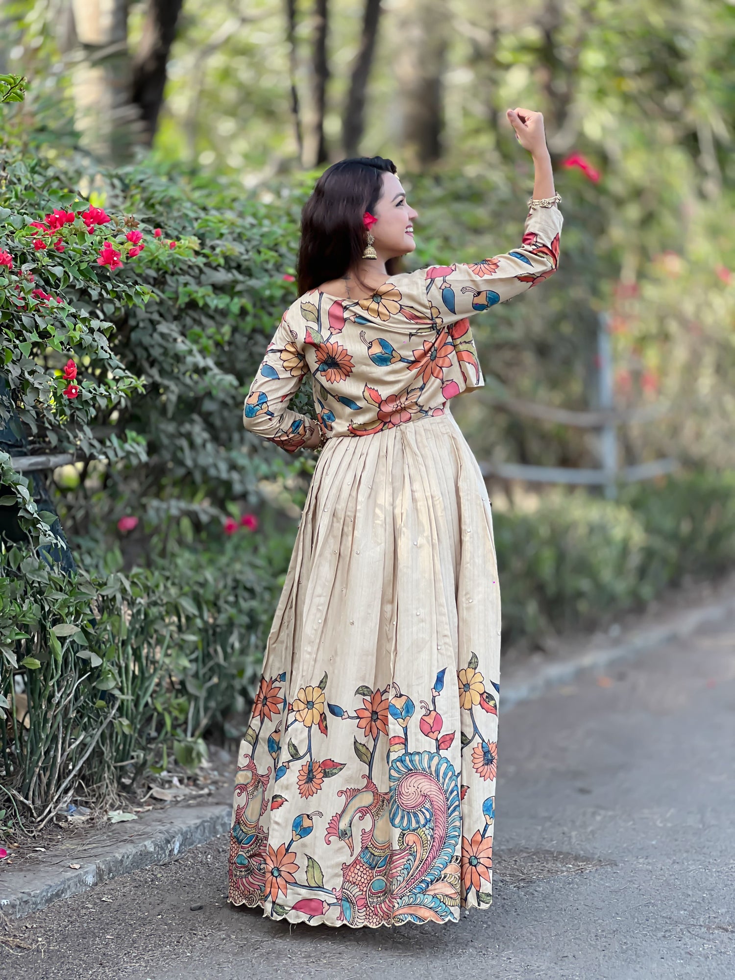 Cream Pure Soft Silk Blend Kalamkari Print Anarkali Gown