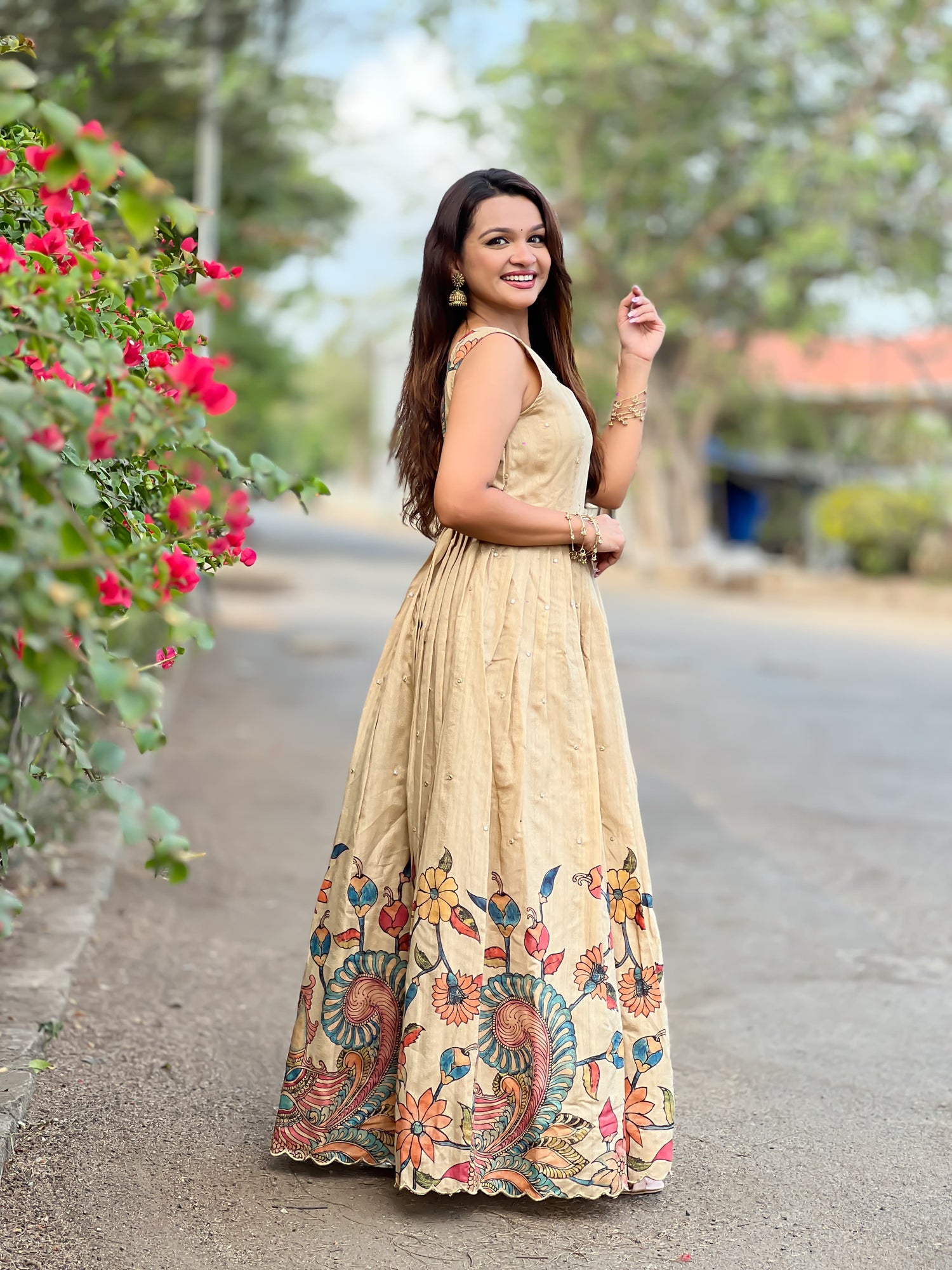 Cream Pure Soft Silk Blend Kalamkari Print Anarkali Gown