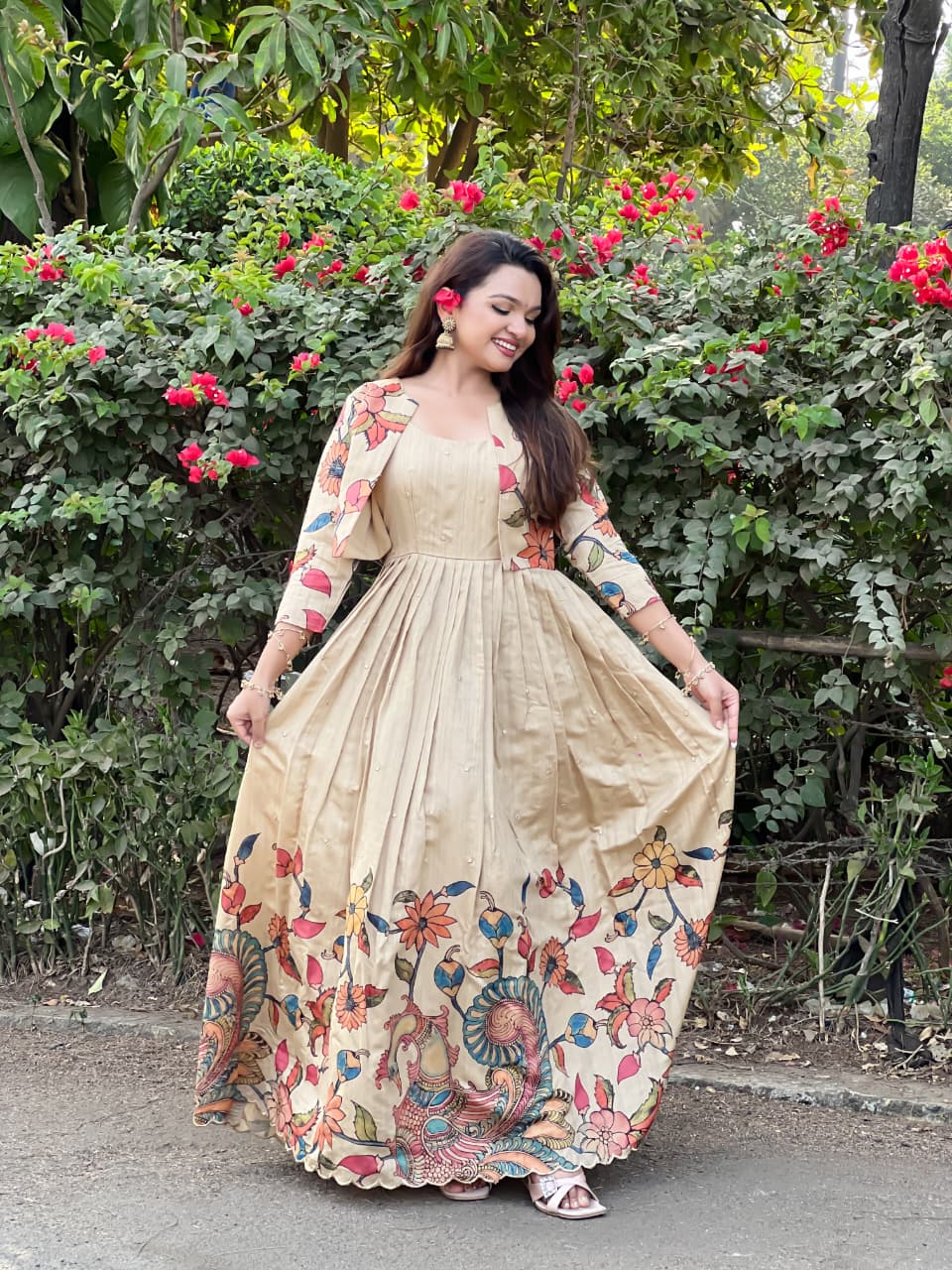 Cream Pure Soft Silk Blend Kalamkari Print Anarkali Gown