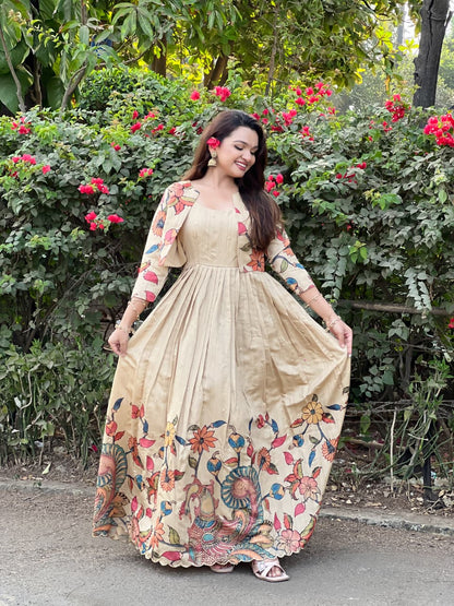 Cream Pure Soft Silk Blend Kalamkari Print Anarkali Gown