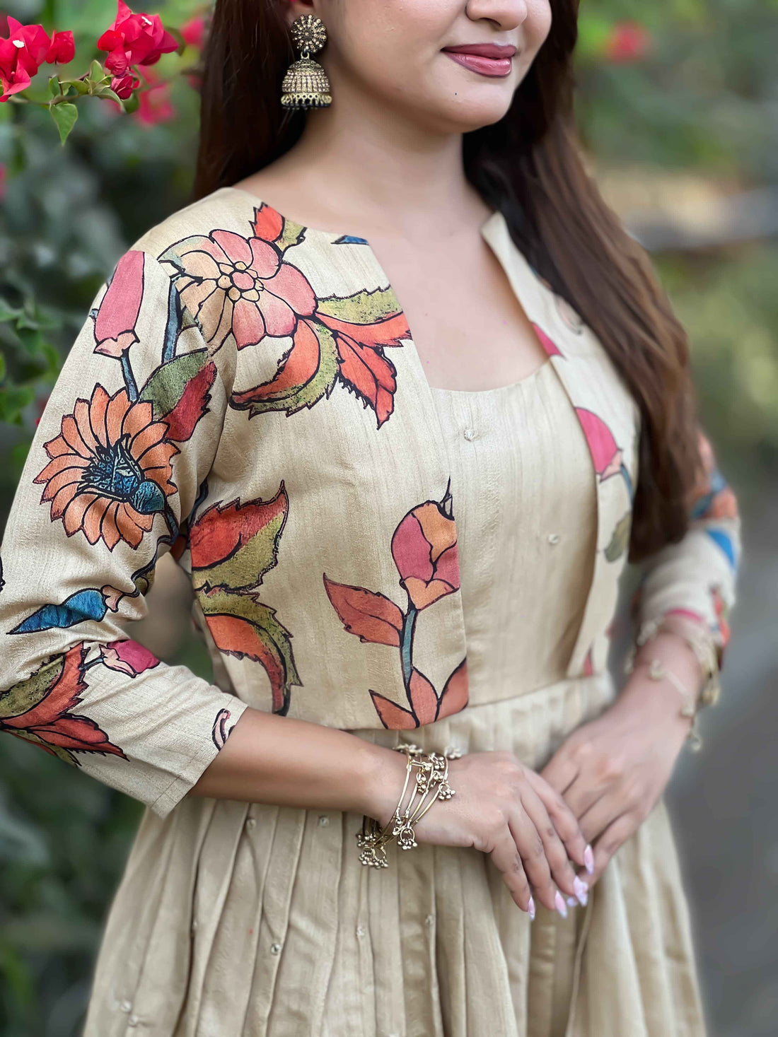 Cream Pure Soft Silk Blend Kalamkari Print Anarkali Gown