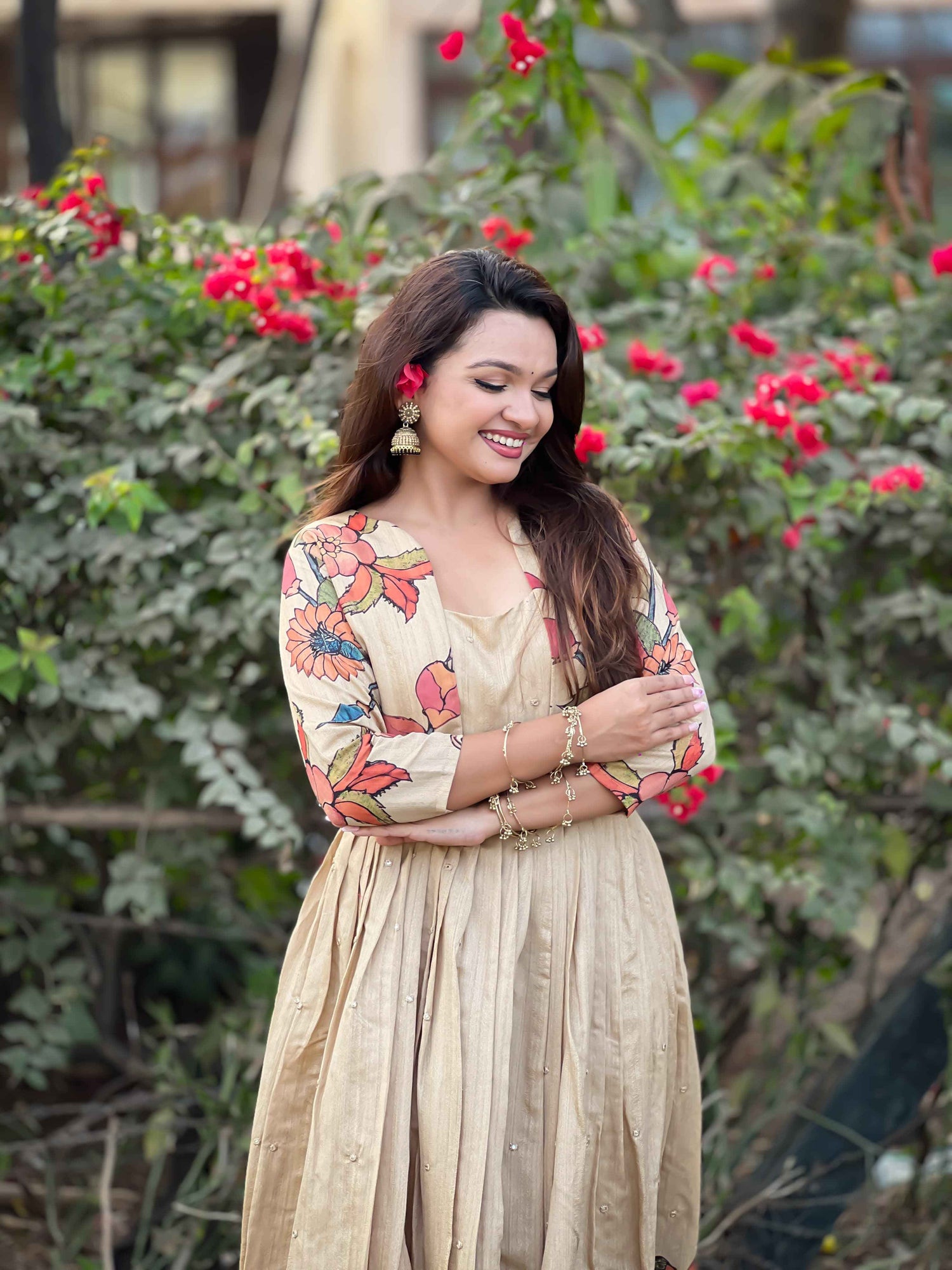 Cream Pure Soft Silk Blend Kalamkari Print Anarkali Gown