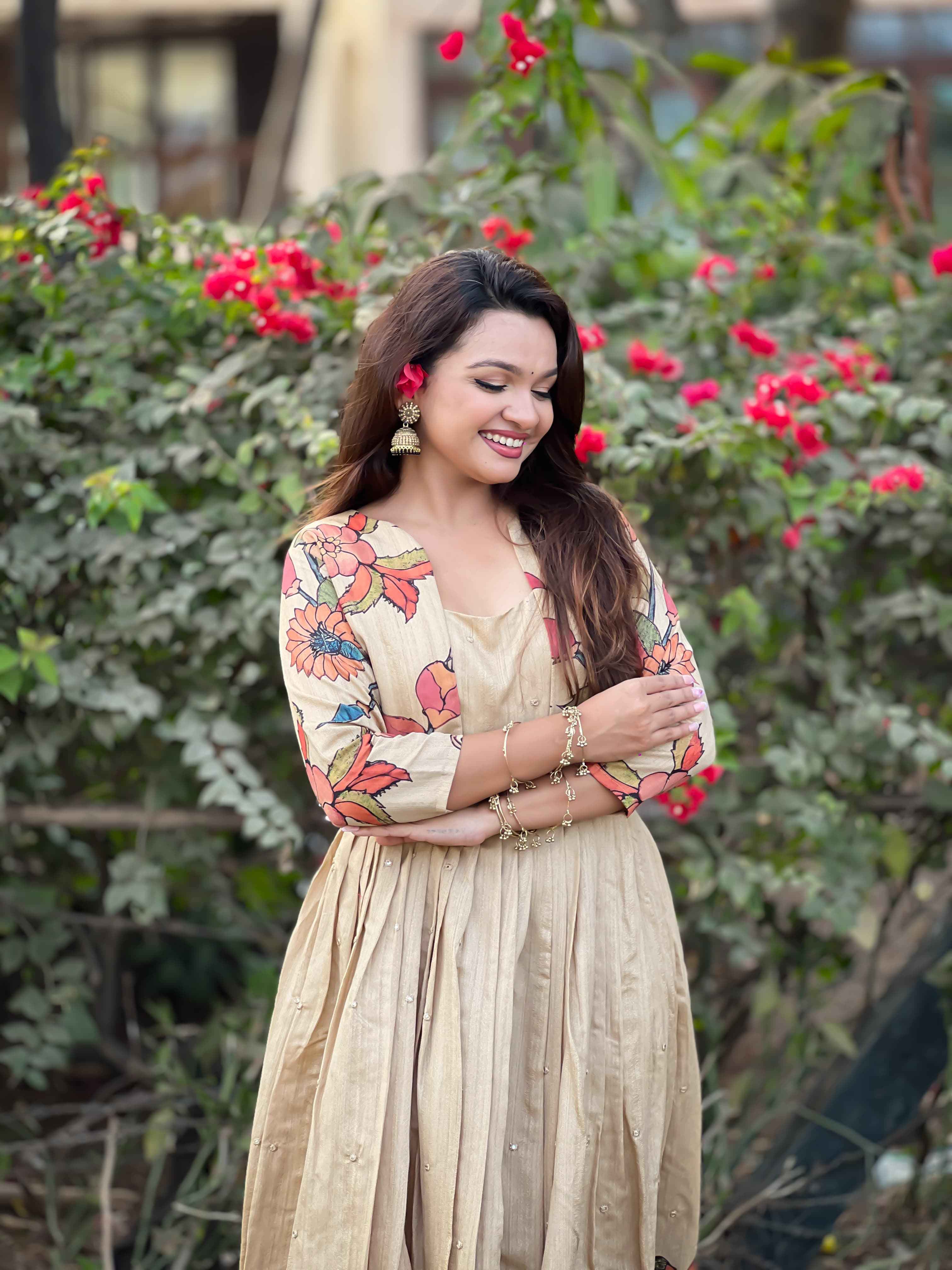Cream Pure Soft Silk Blend Kalamkari Print Anarkali Gown