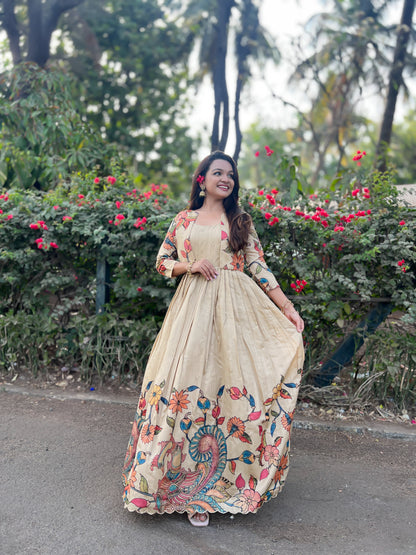 Cream Pure Soft Silk Blend Kalamkari Print Anarkali Gown