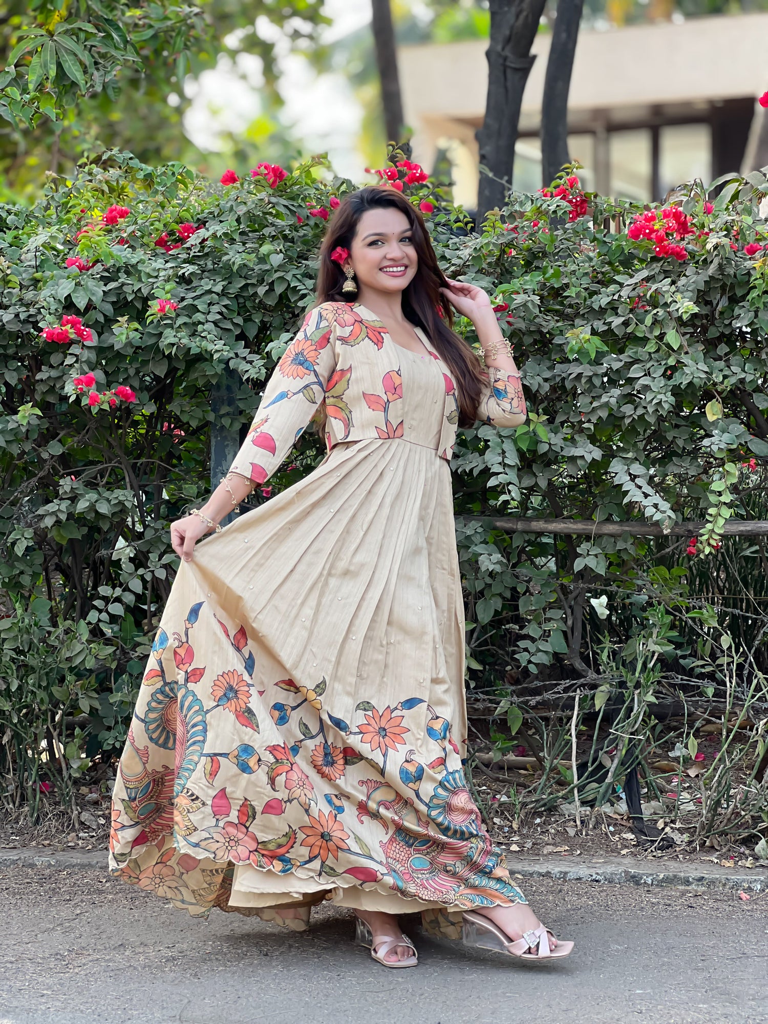 Cream Pure Soft Silk Blend Kalamkari Print Anarkali Gown