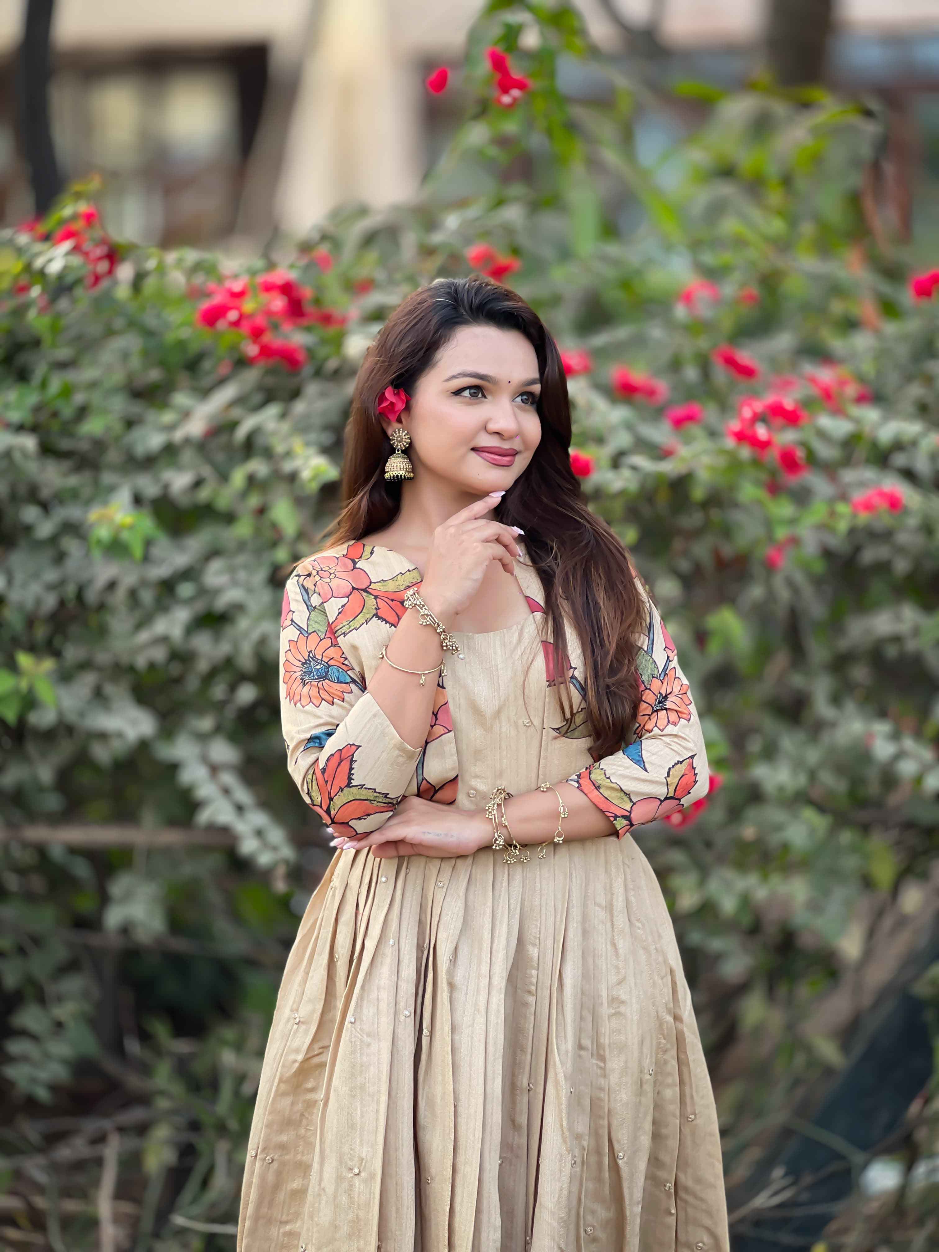 Cream Pure Soft Silk Blend Kalamkari Print Anarkali Gown