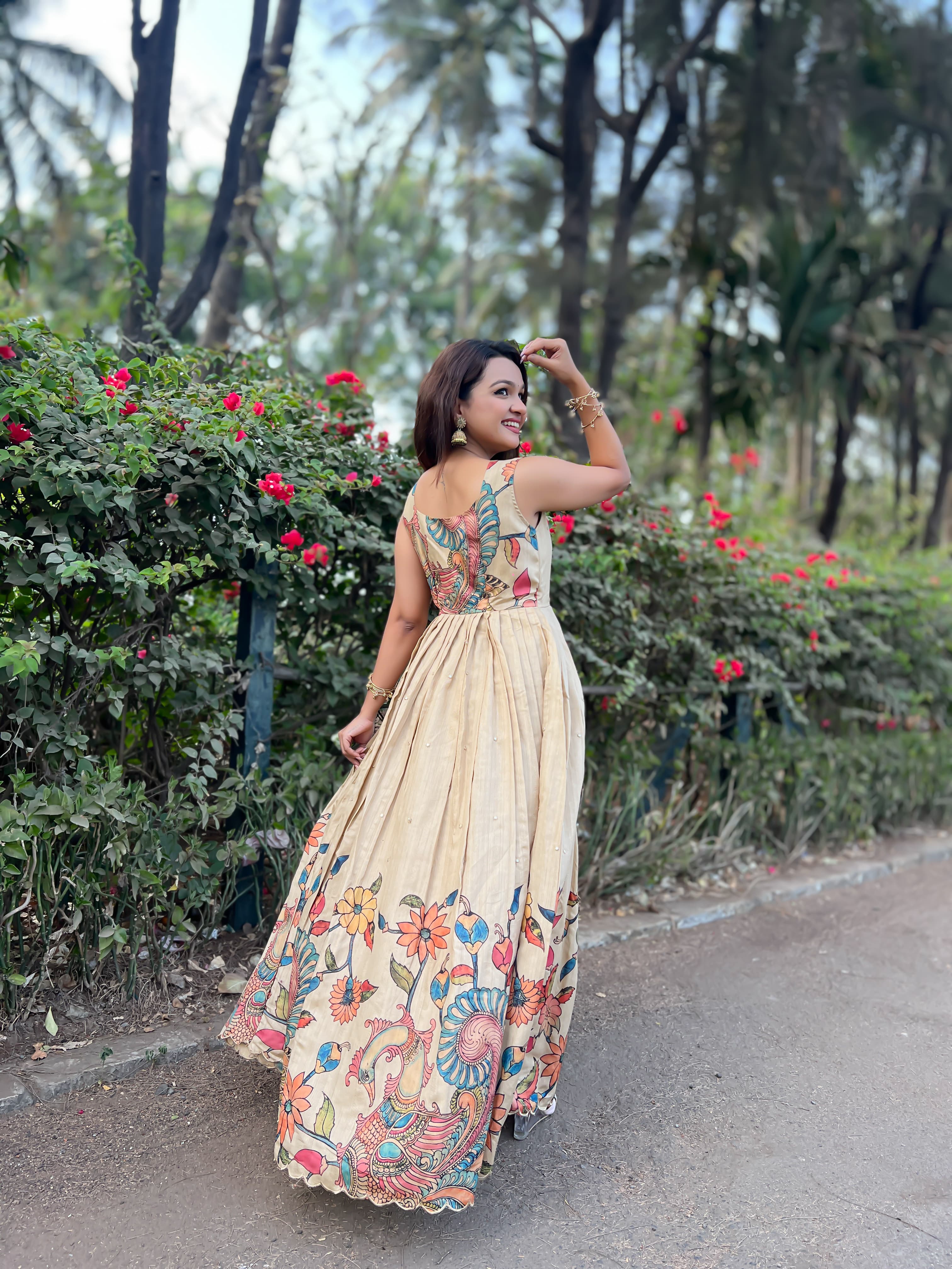 Cream Pure Soft Silk Blend Kalamkari Print Anarkali Gown