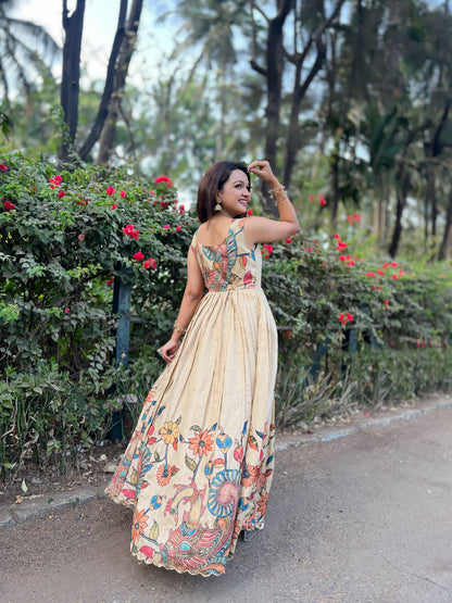 Cream Pure Soft Silk Blend Kalamkari Print Anarkali Gown