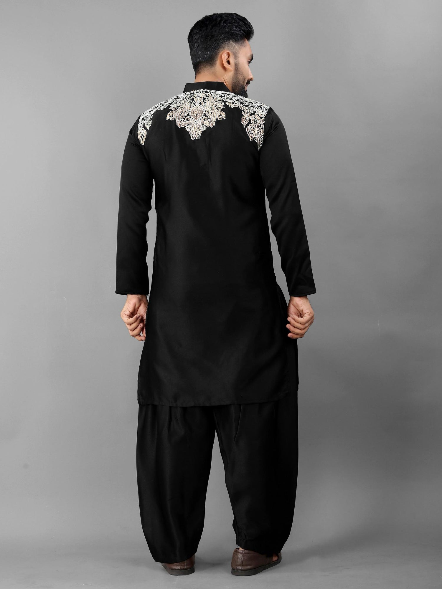 Black Pure Soft Satin Silk Pathani Style Kurta Pajama