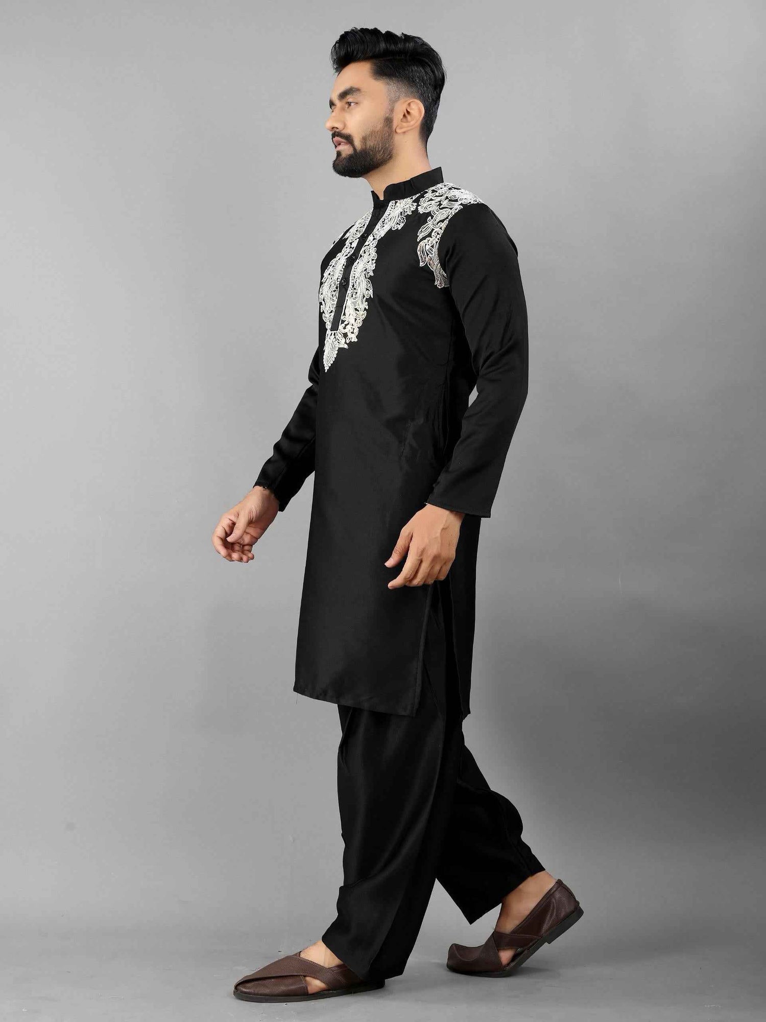 Black Pure Soft Satin Silk Pathani Style Kurta Pajama