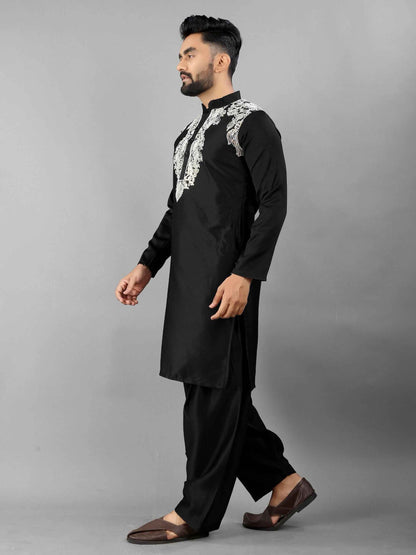 Black Pure Soft Satin Silk Pathani Style Kurta Pajama