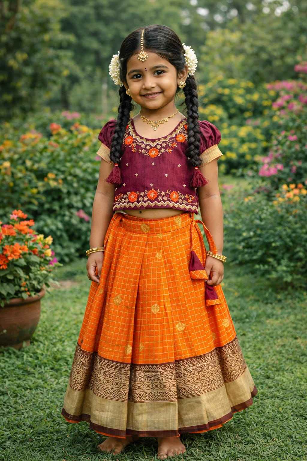 Orange Pure Vichitra Heavy Maggam Work Kids Girl&