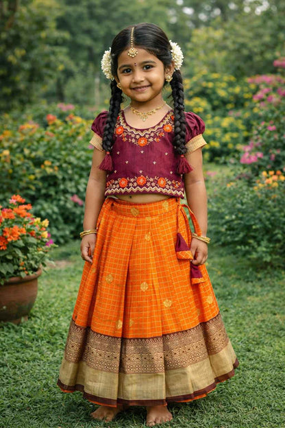 Orange Pure Vichitra Heavy Maggam Work Kids Girl&