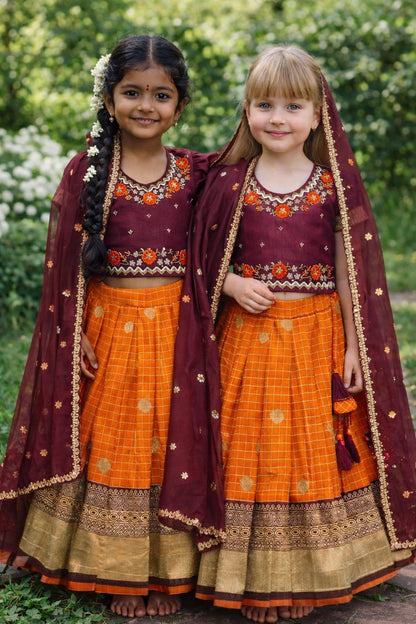 Orange Pure Vichitra Heavy Maggam Work Kids Girl&