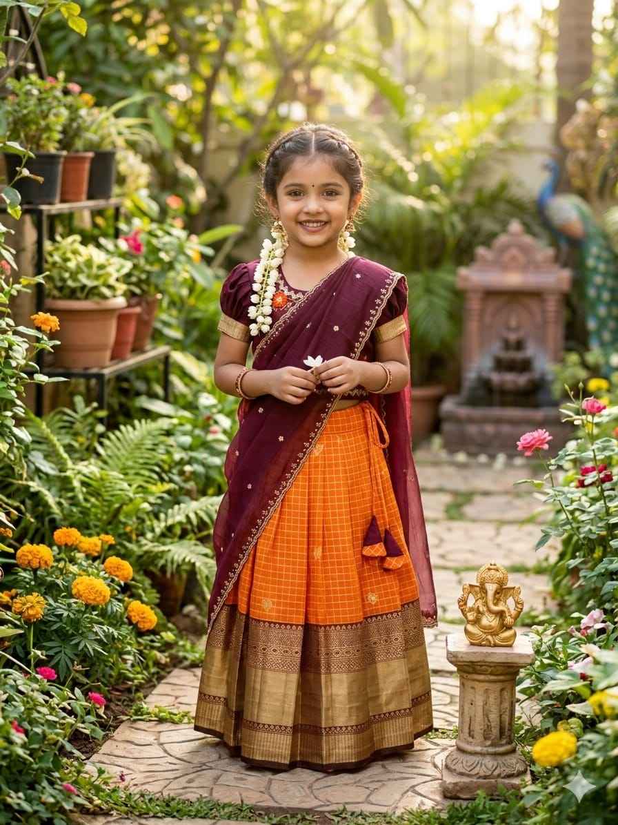 Orange Pure Vichitra Heavy Maggam Work Kids Girl&