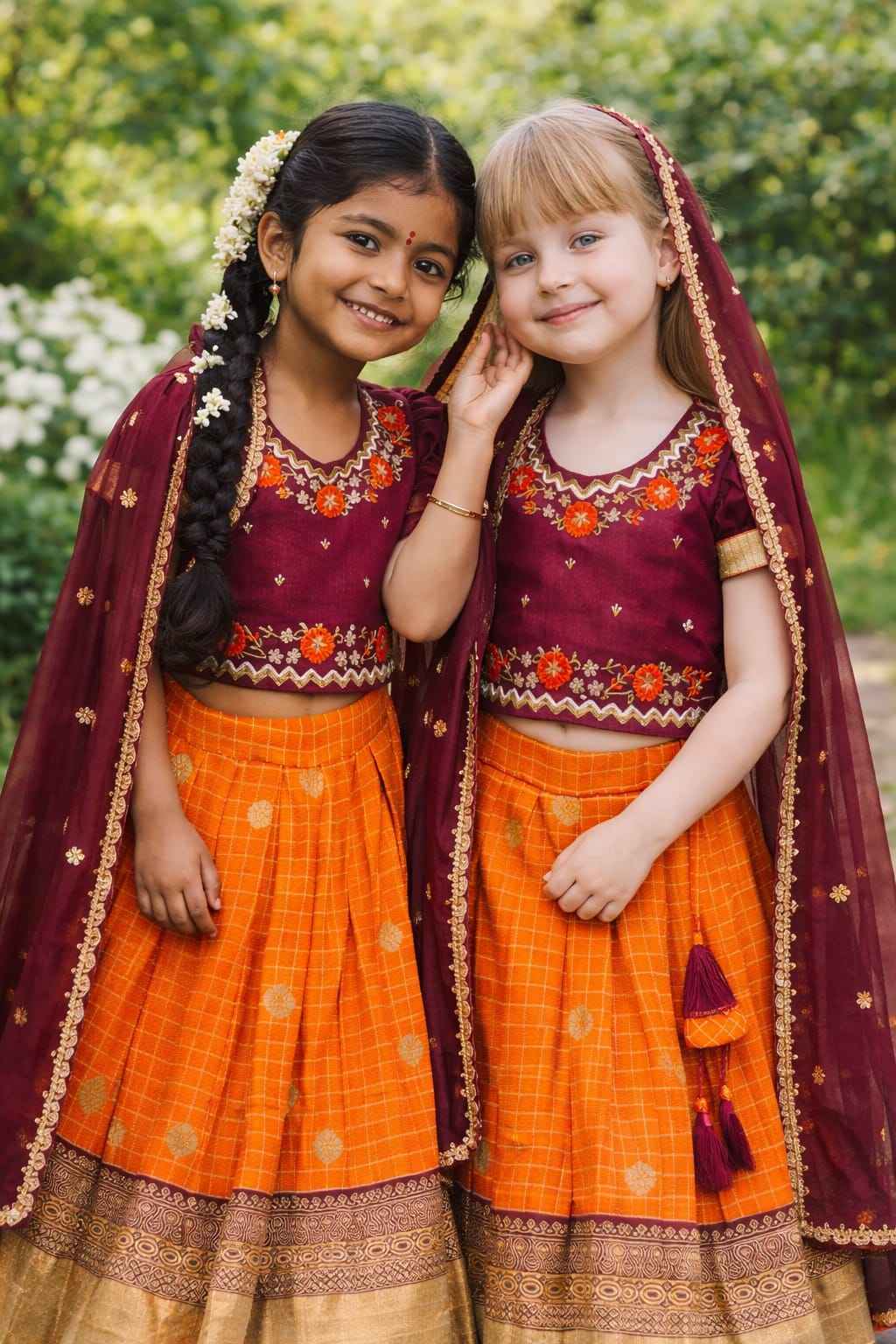 Orange Pure Vichitra Heavy Maggam Work Kids Girl&
