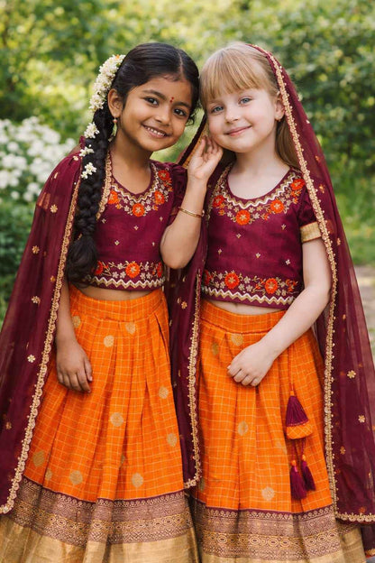 Orange Pure Vichitra Heavy Maggam Work Kids Girl&