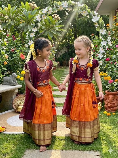 Orange Pure Vichitra Heavy Maggam Work Kids Girl&