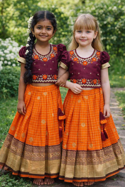 Orange Pure Vichitra Heavy Maggam Work Kids Girl&