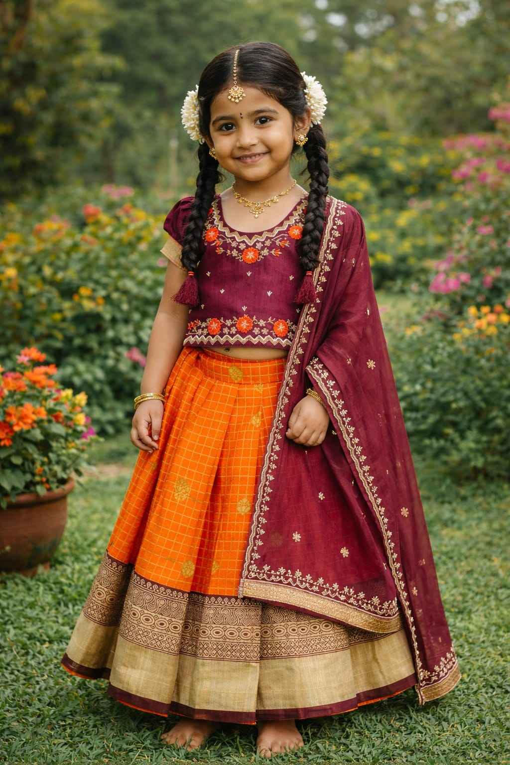 Orange Pure Vichitra Heavy Maggam Work Kids Girl&