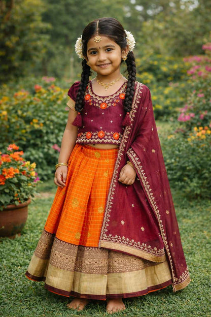 Orange Pure Vichitra Heavy Maggam Work Kids Girl&