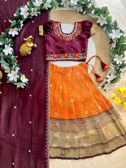 Orange Pure Vichitra Heavy Maggam Work Kids Girl&