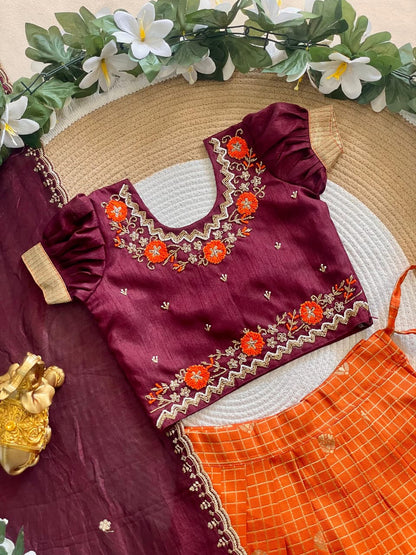 Orange Pure Vichitra Heavy Maggam Work Kids Girl&