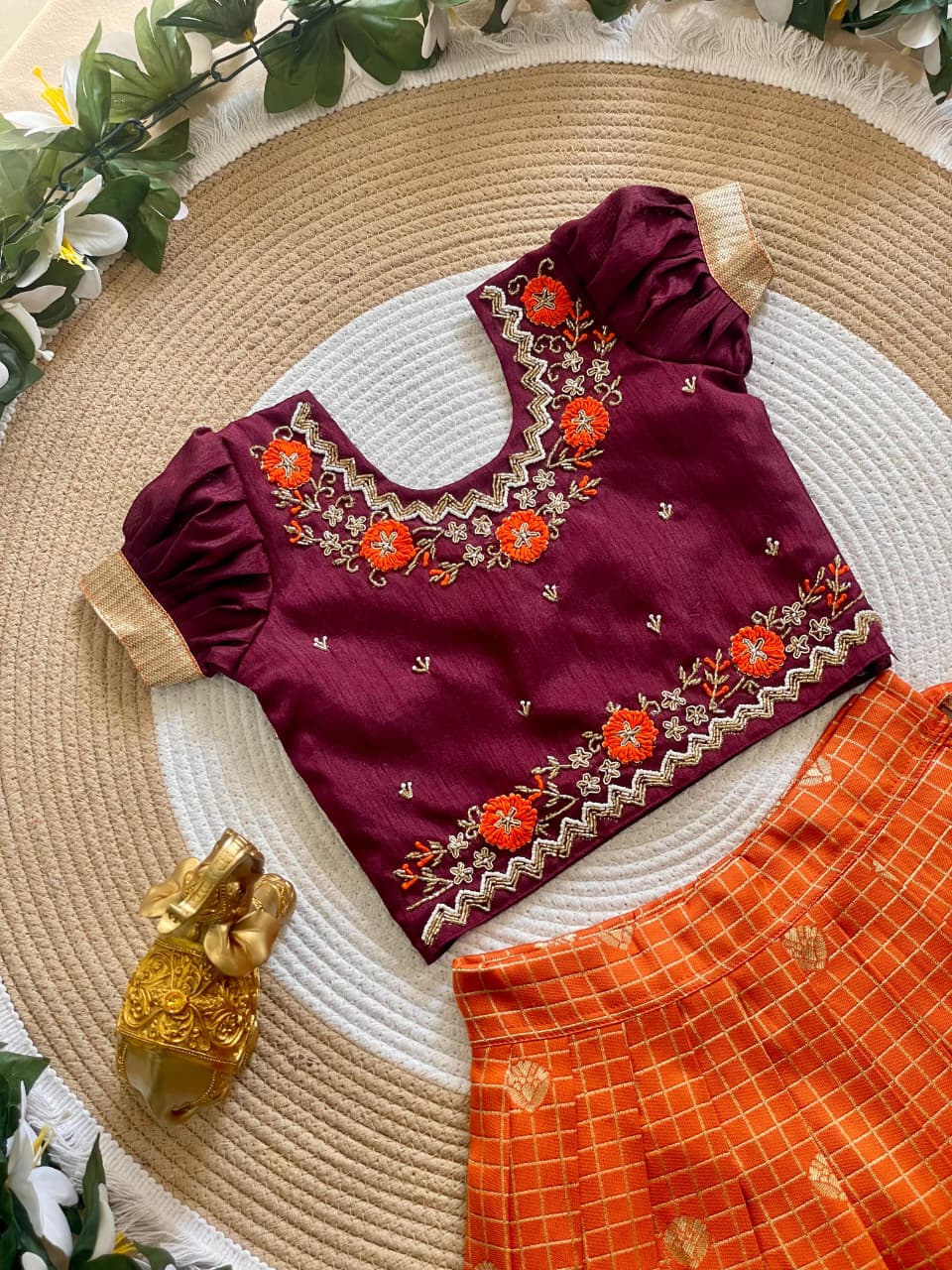 Orange Pure Vichitra Heavy Maggam Work Kids Girl&