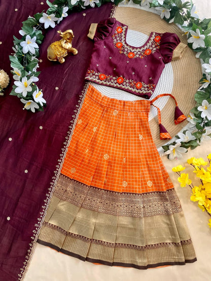 Orange Pure Vichitra Heavy Maggam Work Kids Girl&